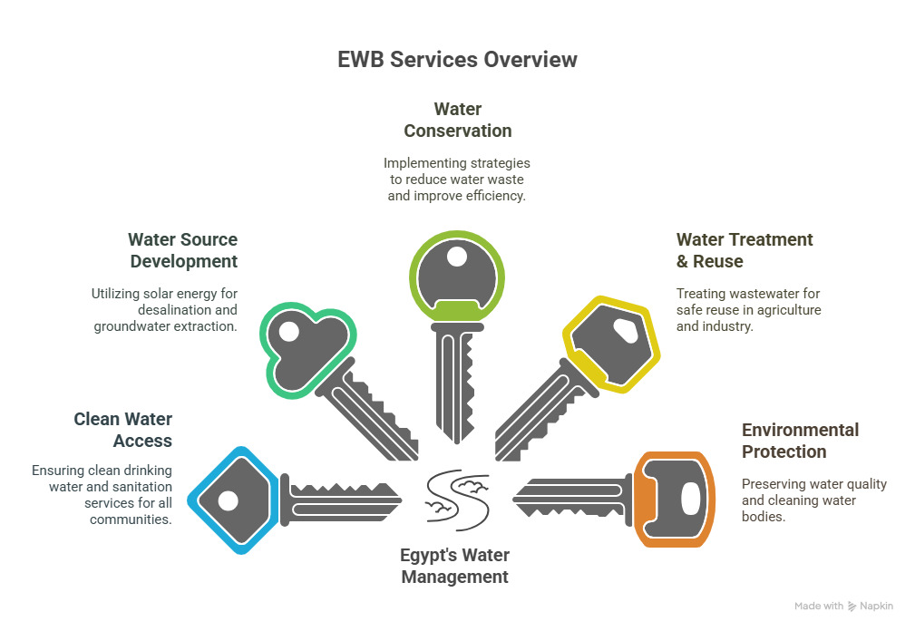 A montage showcasing the diverse services of the Egyptian Water Bank, including desalination, irrigation, and water conservation.